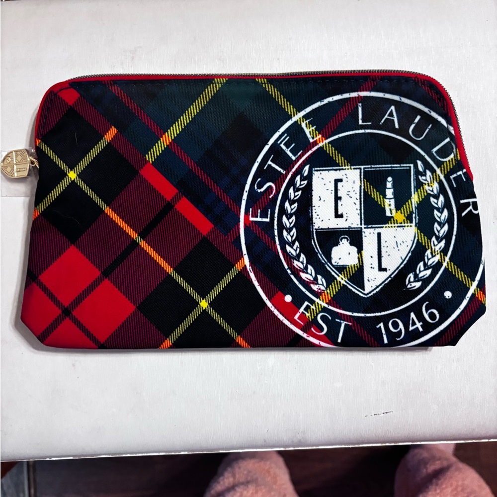 Estee Lauder Red and Black Plaid Toiletry Pouch with Crest